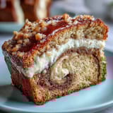 A thick slice of Cream Cheese Cinnamon Swirl Banana Bread shows the creamy white filling.