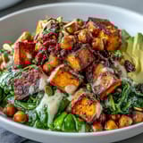 Close-up of a vibrant Roasted Sweet Potato and Chickpea Bowl with golden caramelized potatoes, crispy chickpeas, and garlicky sautéed spinach, all drizzled with smoky chipotle tahini dressing.  