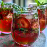 A vibrant pitcher of strawberry basil lemonade mocktail with fresh basil and lemon slices.