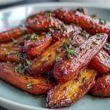 Honey glazed roasted carrots with thyme, tender and caramelized, garnished with fresh herbs for a vibrant side dish.