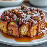 A comforting Mexican Capirotada dessert, featuring layers of sweet bread, dried fruits, and nuts, baked to golden perfection and topped with shredded cheese.