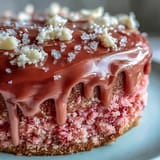 Decadent rosé velvet cake, lusciously frosted, with a sophisticated edible gold accent.