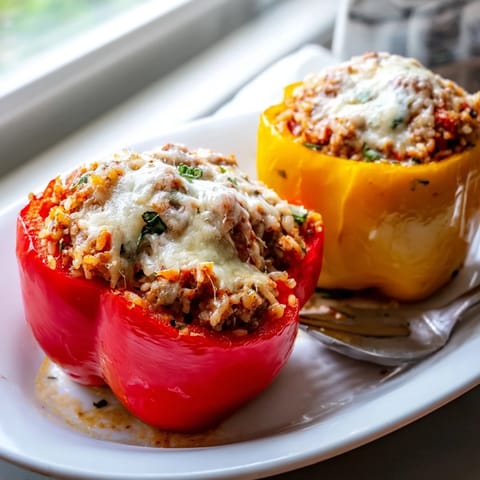 A close-up of Stuffed Bell Peppers in a ceramic dish, smothered in rich tomato sauce and served alongside a fresh garden salad.