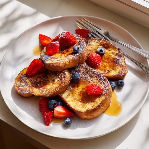 Golden brown French toast slices on a plate drizzled with maple syrup and topped with fresh berries.