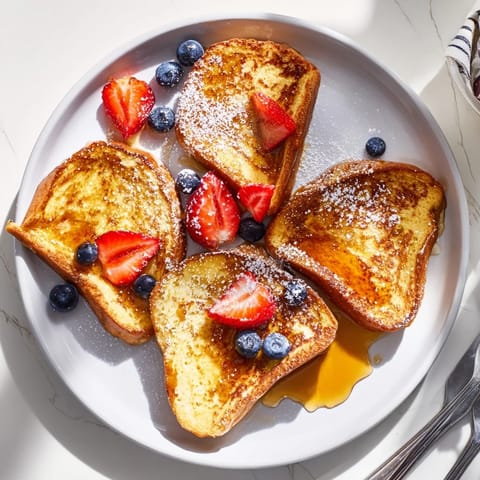Thick brioche French toast soaking up vanilla custard in a shallow bowl before pan-frying.