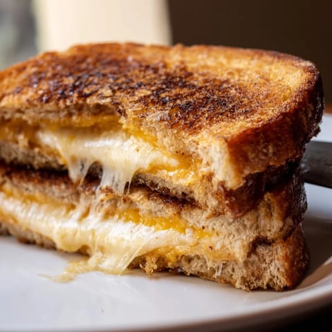Perfectly golden grilled cheese sandwich on a checkered napkin, ready to be dipped into a warm bowl of tomato soup.