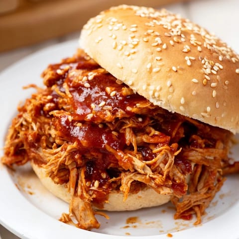 Juicy slow-cooked pulled pork sandwich on a toasted bun, topped with creamy coleslaw and crunchy pickles.