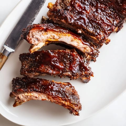 Golden, caramelized BBQ Ribs served on a platter with extra sauce for dipping.