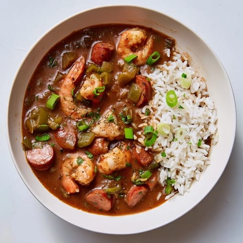 Spicy Louisiana gumbo with shrimp, sausage, and chicken in a rich, dark roux broth, garnished with green onions.