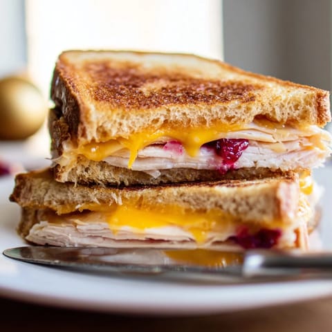 Sliced in half to reveal layers of smoked turkey and tangy cranberry spread.