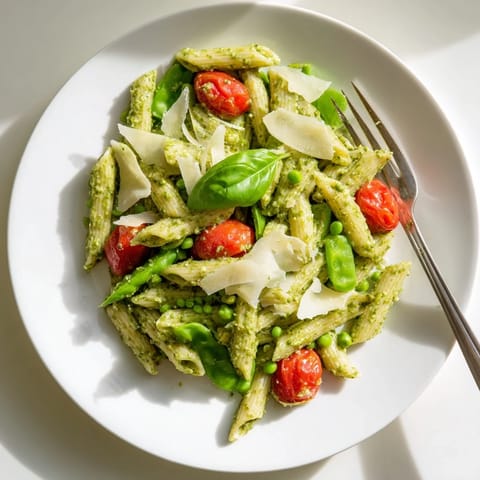 Overhead view of a bowl of Green Pesto Pasta Salad, garnished with fresh basil leaves and grated Parmesan, ready to serve.  