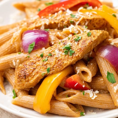 This lighter Cajun pasta features colorful bell peppers and onions mingling with tender chicken in a creamy, reduced-fat sauce over whole wheat penne.  