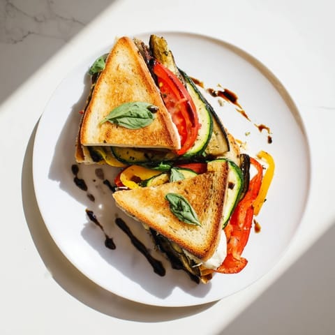 Golden, crispy sourdough slices sandwich roasted zucchini, peppers, melted mozzarella, tomato, and basil in this Roasted Veggie Caprese Grilled Cheese.  