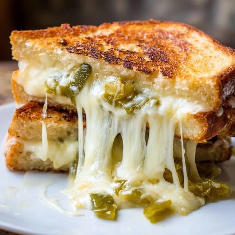 Golden-brown sourdough grilled cheese sandwich with melted pepper jack cheese and vibrant green pickled jalapeños on a rustic plate.