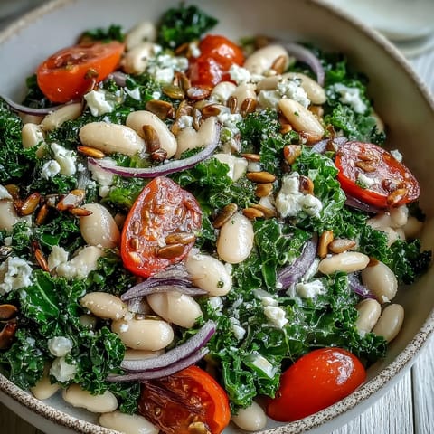 Hearty white bean and kale salad with tomatoes and seeds, tossed in dressing.