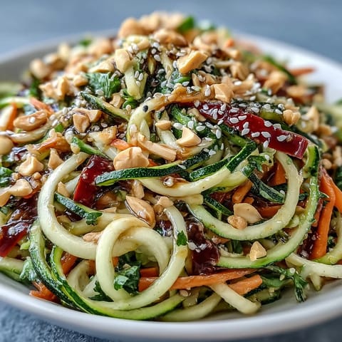 Vibrant Raw Vegetable Noodle Salad with zesty sesame-ginger dressing, bursting with color.