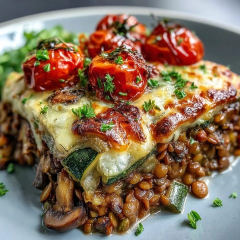 Hearty green lentil and vegetable casserole bubbling, topped with golden cheese.