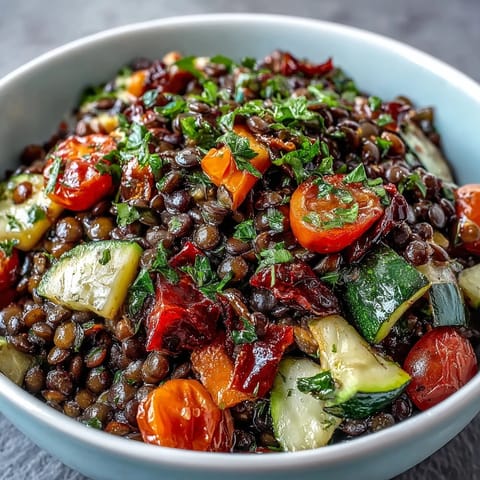 Hearty black lentil salad piled high with tender, savory roasted vegetables.