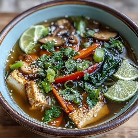 Steaming bowl of Tofu and Vegetable Soup with tender bok choy and mushrooms.
