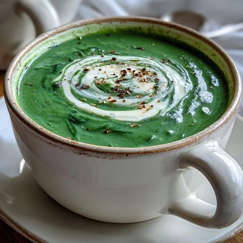 Velvety spinach soup features tender greens and aromatic onions, ladled steaming hot into a white ceramic bowl.