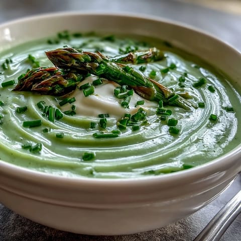 Creamy homemade Asparagus Soup with fresh spring stalks, garnished with chives, served in a white bowl.