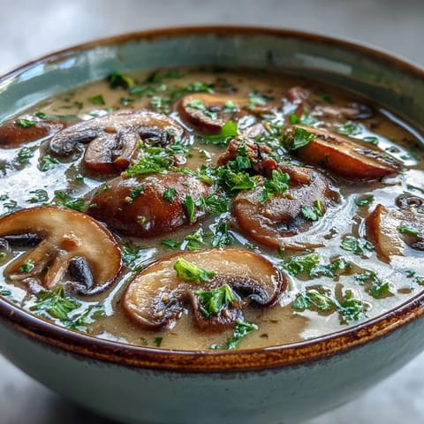 Creamy mushroom soup with sautéed vegetables and fresh parsley garnish served in a rustic bowl.