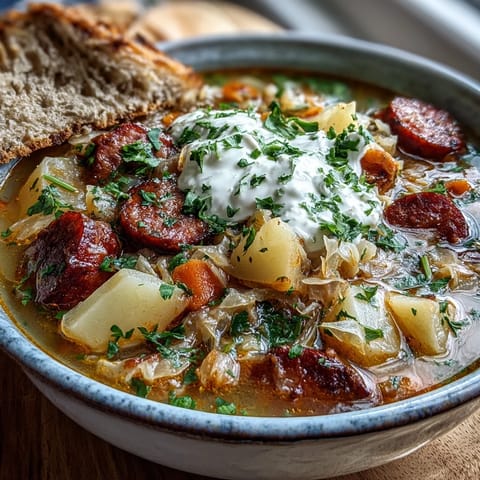 Hearty Sauerkraut Soup served steaming hot in a white bowl, topped with fresh parsley and a dollop of sour cream.