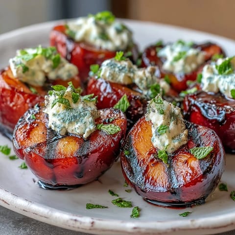 Grilled plums with goat cheese and balsamic drizzle garnished with fresh mint on a white plate.
