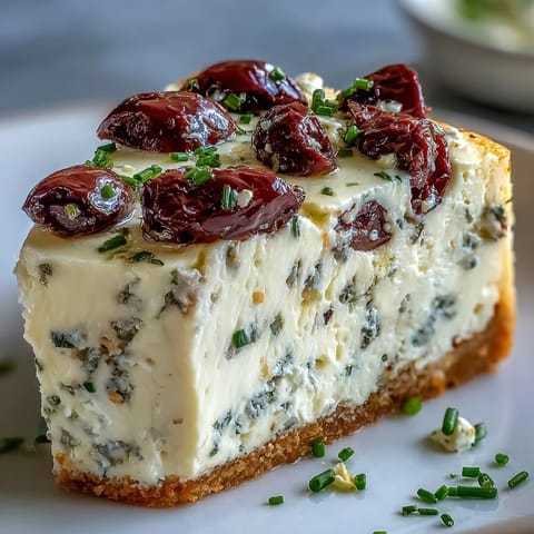 Kalamata cheesecake appetizer garnished with fresh parsley, sliced olives, and a drizzle of olive oil on a rustic platter.