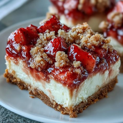 Fresh diced strawberries and sugary crumbs top these chilled Strawberry Cheesecake Bars on a white plate.