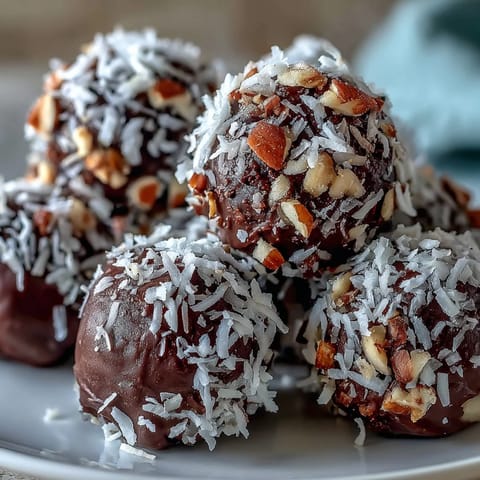 A close-up of bite-sized chocolate truffles coated in crushed nuts and shredded coconut.