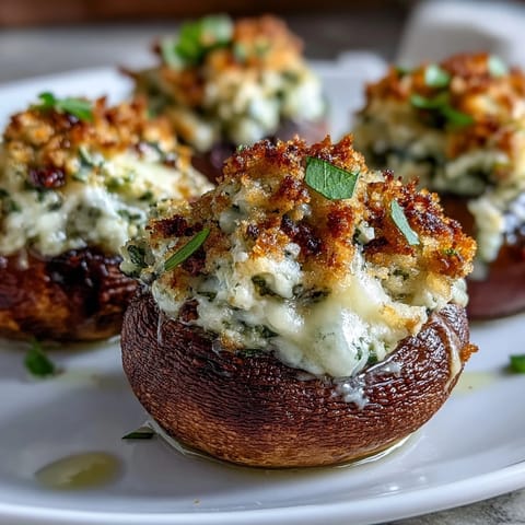 Tender mushroom caps filled with savory Asiago-basil mixture and crispy breadcrumbs, served warm as an elegant party appetizer.