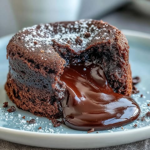 Chocolate Lava Cakes with Espresso baked in ramekins with molten dark chocolate centers, served warm on a white plate.