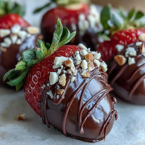 Chocolate-Covered Strawberries with glossy dark chocolate and drizzled white chocolate on a white plate.