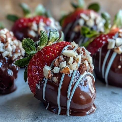 A cluster of freshly dipped Chocolate-Covered Strawberries with nuts and coconut toppings for a sweet treat.