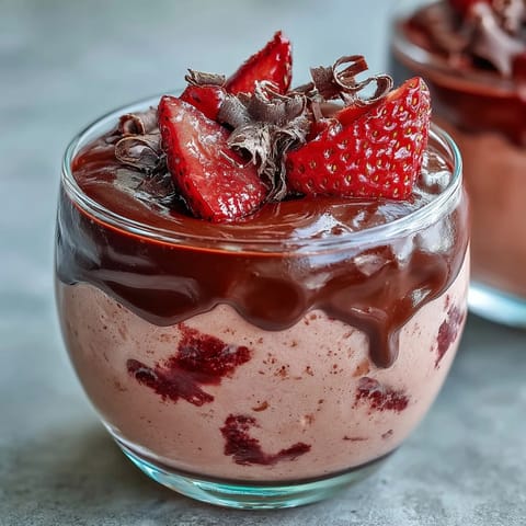 Silky, airy Chocolate-Covered Strawberry Mousse served in dessert glasses, topped with fresh strawberry halves and shaved chocolate.