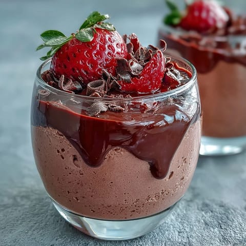 Chilled glasses of Chocolate-Covered Strawberry Mousse with a rich dark chocolate ganache layer, garnished with fresh mint.