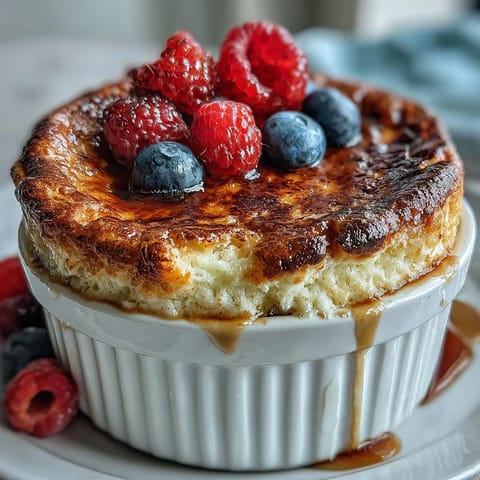 Golden-brown Baked Protein Pancake Bowl fresh from the oven, topped with creamy peanut butter, fresh blueberries, and sliced almonds.