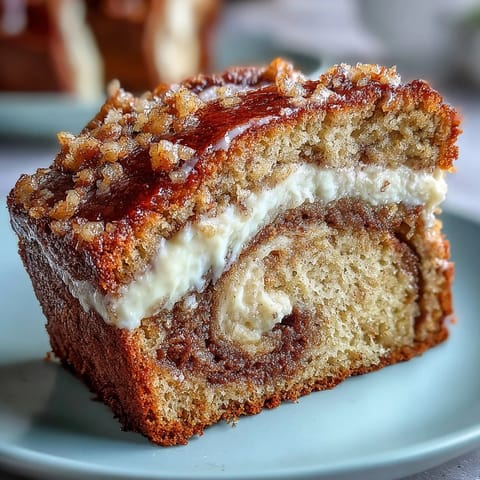 A thick slice of Cream Cheese Cinnamon Swirl Banana Bread shows the creamy white filling.