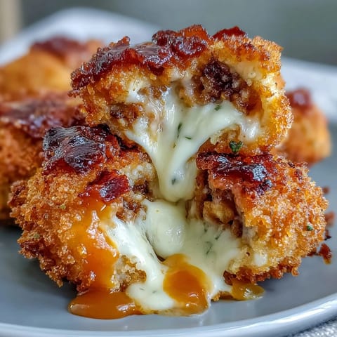 Freshly fried, these spicy Buffalo Chicken Bacon Mozzarella Bombs are served hot with a side of cool ranch dip.