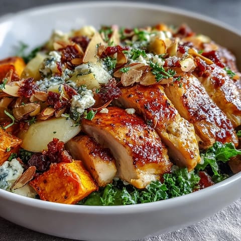 A vibrant Fall Sweet Potato Harvest Bowl with roasted chicken, caramelized sweet potatoes, crisp apples, and creamy goat cheese on a bed of kale.  