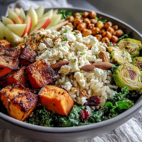 A vibrant Fall Harvest Bowl with kale, wild rice, roasted sweet potatoes, Brussels sprouts, and crumbled feta.