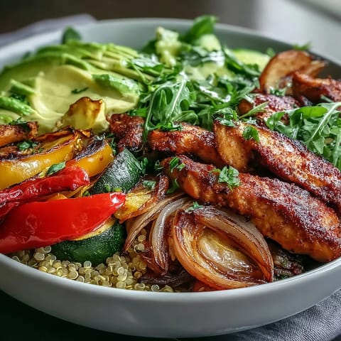 Golden pan-fried chicken slices and paprika-roasted vegetables top fluffy quinoa in a vibrant bowl.