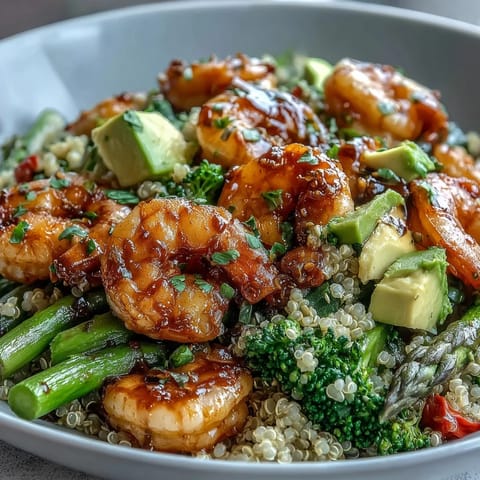 A close-up of a Rainbow Vegetable Detox Bowl showcases plump, pink shrimp, sliced avocado, and fluffy quinoa topped with a glossy balsamic glaze.
