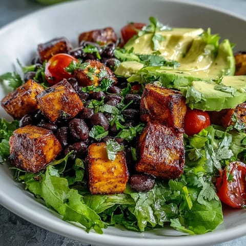 Roasted sweet potatoes and black beans topped with fresh salsa and creamy avocado in a vibrant bowl.