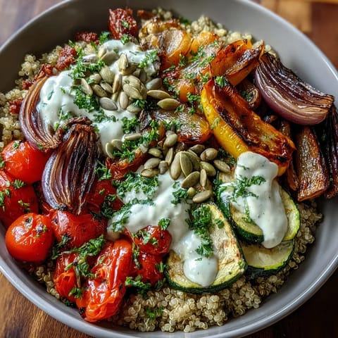 Golden roasted vegetables including bell peppers and zucchini are piled onto fluffy quinoa in a vibrant Roasted Vegetable Quinoa Bowl.
