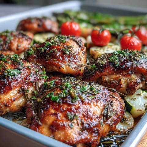 Vibrant sheet pan chicken dinner with zucchini and cherry tomatoes, roasted to juicy perfection with lemon-herb marinade.