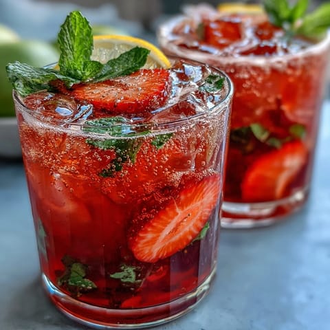 Refreshing strawberry lemon sparkling mocktail with bright red berries and zesty citrus slices, served over ice in a clear glass.