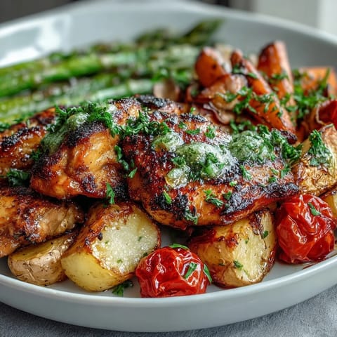 Healthy Easy Sheet Pan Chicken with Spring Veggies: A colorful, nutritious dinner with juicy chicken and fresh spring vegetables, all roasted to perfection on a single pan.
