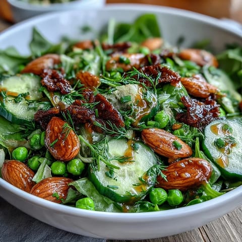 Spring Green Salad with Honey Mustard and Almonds: a vibrant mix of fresh greens, snap peas, and radishes, drizzled with tangy honey mustard dressing and topped with crunchy toasted almonds.